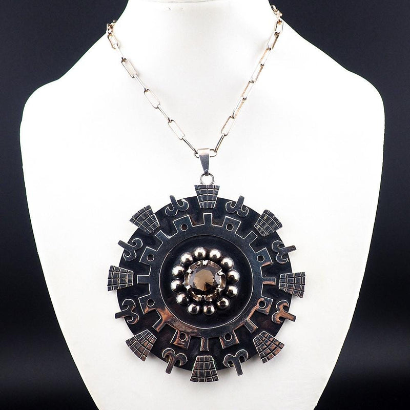 Huge Mexican Sterling Pendant, Smoky Quartz Pendant, Aztec Mayan Design, Vintage Silver Pendant, Iguala Mexico Pendant, 925 Silver Pendant