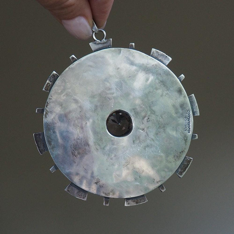 Huge Mexican Sterling Pendant, Smoky Quartz Pendant, Aztec Mayan Design, Vintage Silver Pendant, Iguala Mexico Pendant, 925 Silver Pendant