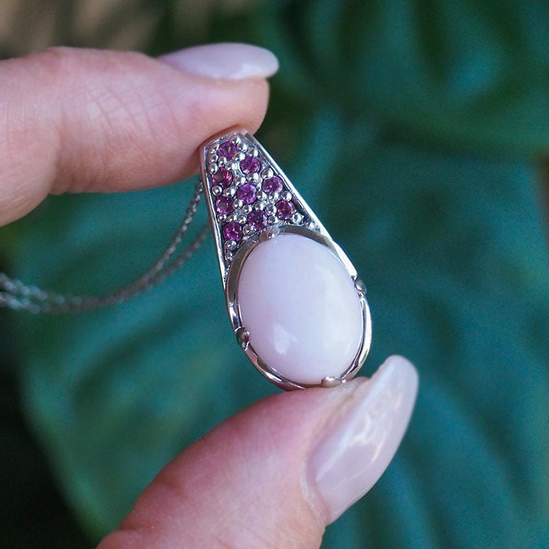 Sterling Silver Drop Pendant, Pink Opal Pendant Necklace, Rhodolite Garnet Pendant, Pink Gemstone Necklace, Pink Drop Necklace, Pink Pendant