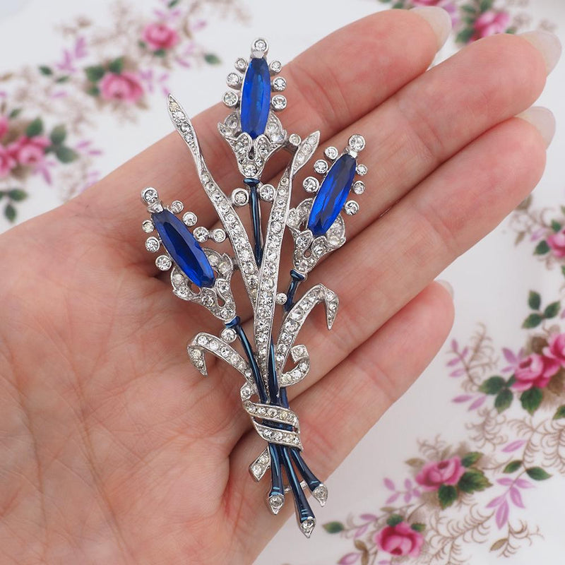 Trifari Brooch, 1940s Brooch, Blue Trifari Brooch, Trifari Lozenges Flower Brooch, Vintage Brooch, Rhinestone Brooch, Alfred Philippe Brooch