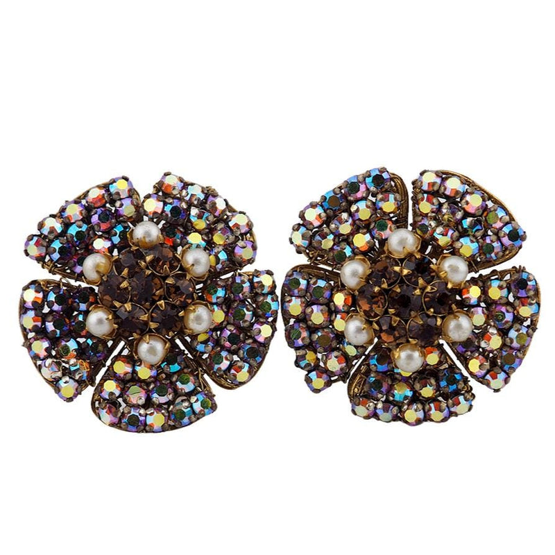 Original by Robert Earrings, Vintage Clip On Earrings, Aurora Borealis Earrings, Floral Statement Earrings, 1950s Earrings, Crystal Clip Ons