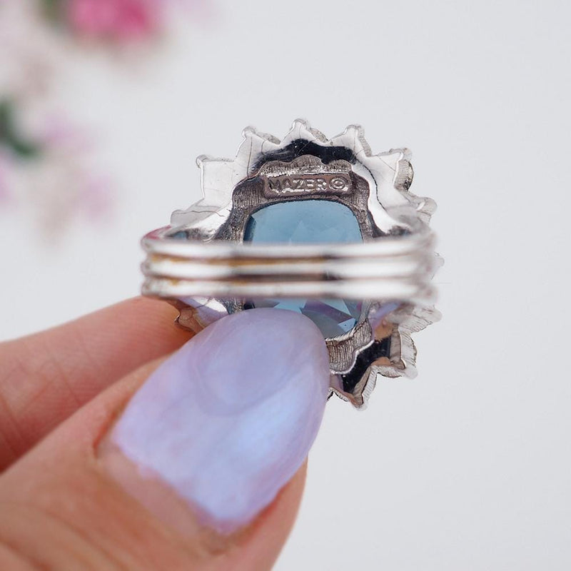 Mazer Ring, Vintage Ring, Blue Ring, Vintage Costume Ring, Mazer Jewelry, Rhinestone Ring, Joseph Mazer, Cocktail Ring, Statement Ring