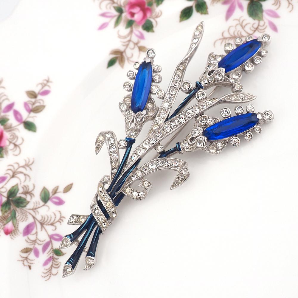 Trifari Brooch, 1940s Brooch, Blue Trifari Brooch, Trifari Lozenges Flower Brooch, Vintage Brooch, Rhinestone Brooch, Alfred Philippe Brooch