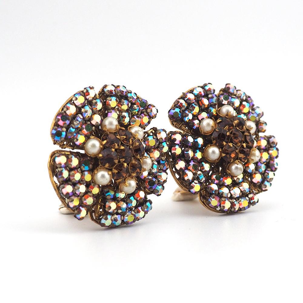 Original by Robert Earrings, Vintage Clip On Earrings, Aurora Borealis Earrings, Floral Statement Earrings, 1950s Earrings, Crystal Clip Ons