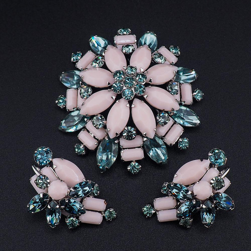 Sherman Brooch Earring Set, Sherman Opaque, Vintage Sherman Jewelry, 1950s Floral Brooch Set, Rare Sherman Colors, Sherman Set, Sherman Pink