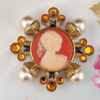 Vintage Cameo Brooch, Designer Brooch, Matisse Cross Brooch, Faux Pearl Brooch, Gold Tone Brooch, Vintage Brooch, Cameo Pin, Mid Century Pin