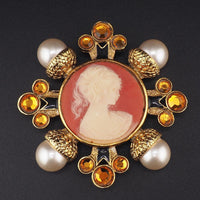 Vintage Cameo Brooch, Designer Brooch, Matisse Cross Brooch, Faux Pearl Brooch, Gold Tone Brooch, Vintage Brooch, Cameo Pin, Mid Century Pin