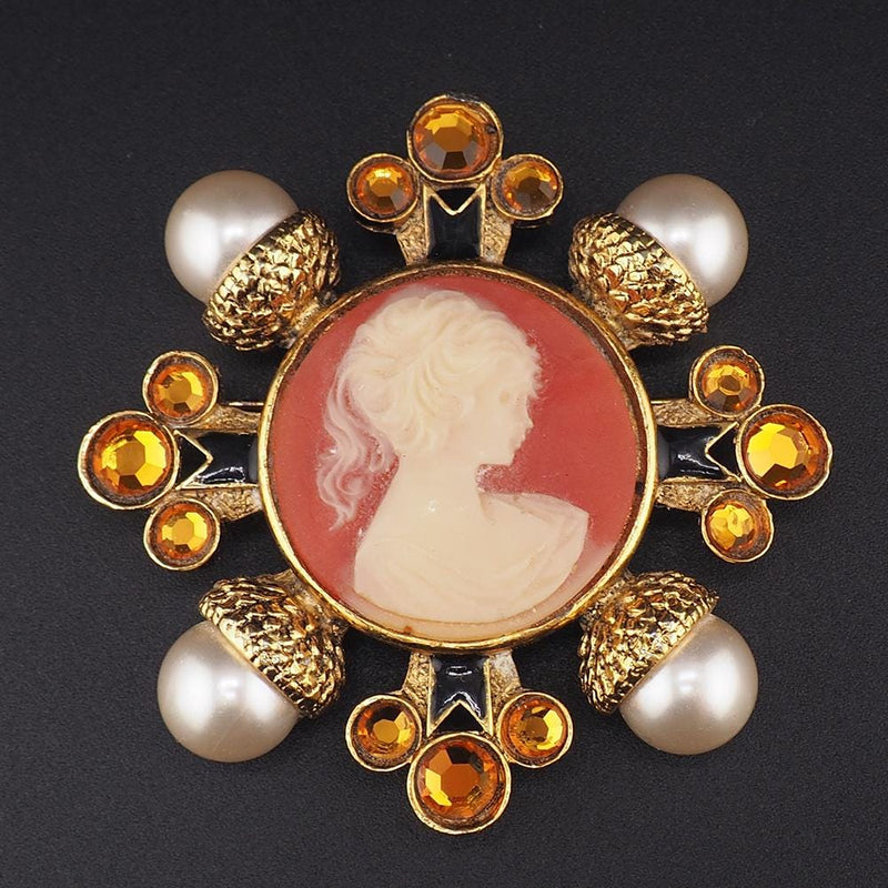 Vintage Cameo Brooch, Designer Brooch, Matisse Cross Brooch, Faux Pearl Brooch, Gold Tone Brooch, Vintage Brooch, Cameo Pin, Mid Century Pin