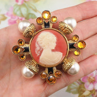 Vintage Cameo Brooch, Designer Brooch, Matisse Cross Brooch, Faux Pearl Brooch, Gold Tone Brooch, Vintage Brooch, Cameo Pin, Mid Century Pin