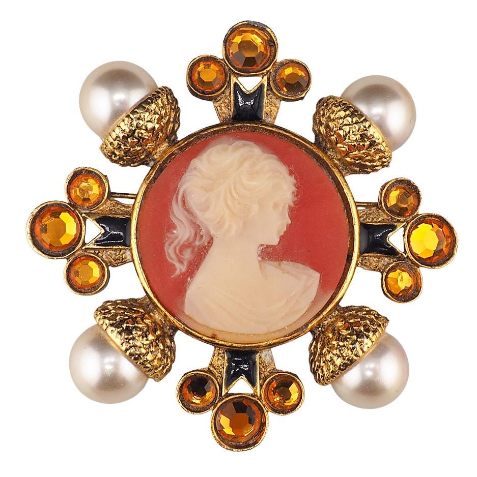 Vintage Cameo Brooch, Designer Brooch, Matisse Cross Brooch, Faux Pearl Brooch, Gold Tone Brooch, Vintage Brooch, Cameo Pin, Mid Century Pin