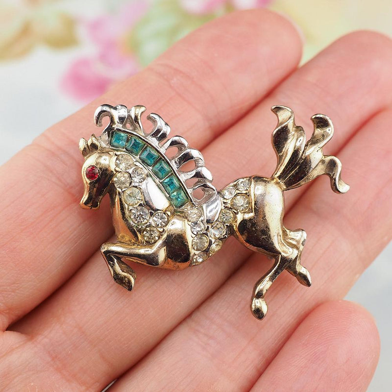 Vintage Horse Brooch, 1940s Figural Brooch, Rearing Horse Brooch, Carousel Horse Pin, Gold Tone Brooch, Rare Vintage Brooch, Horse Pin