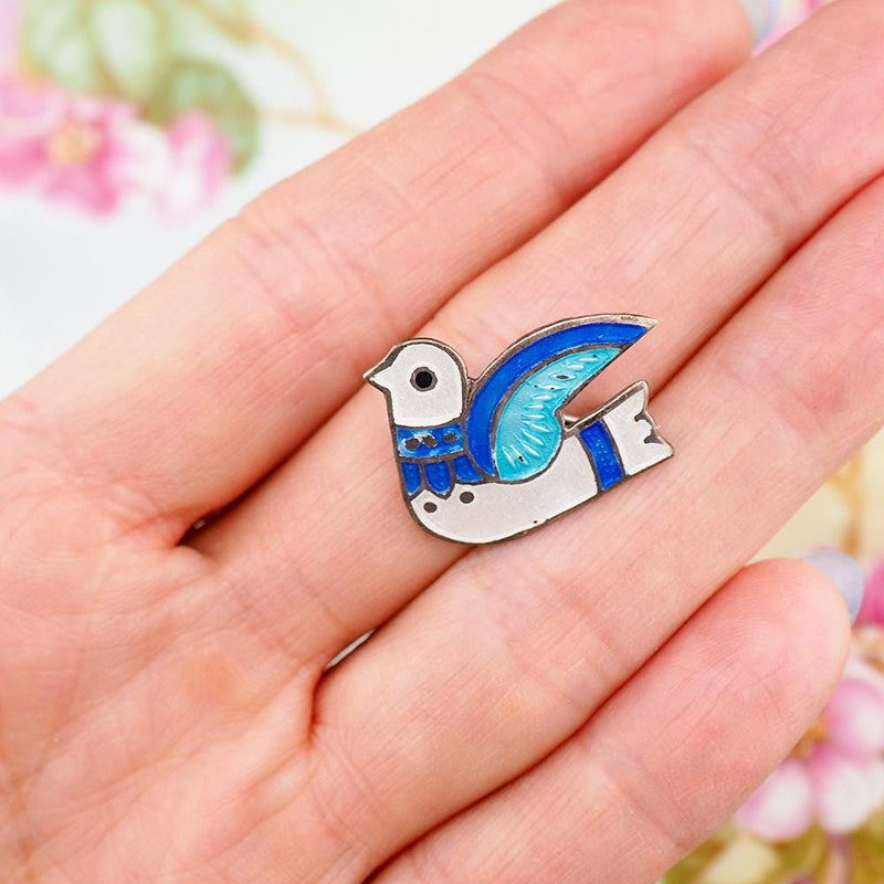 Peace Dove Brooch, Jeronimo Fuentes, Sterling Silver Pin, Taxco Dove Brooch, Folk Art Brooch, Enamel Bird Pin, Small Bird Pin, 925 Brooch