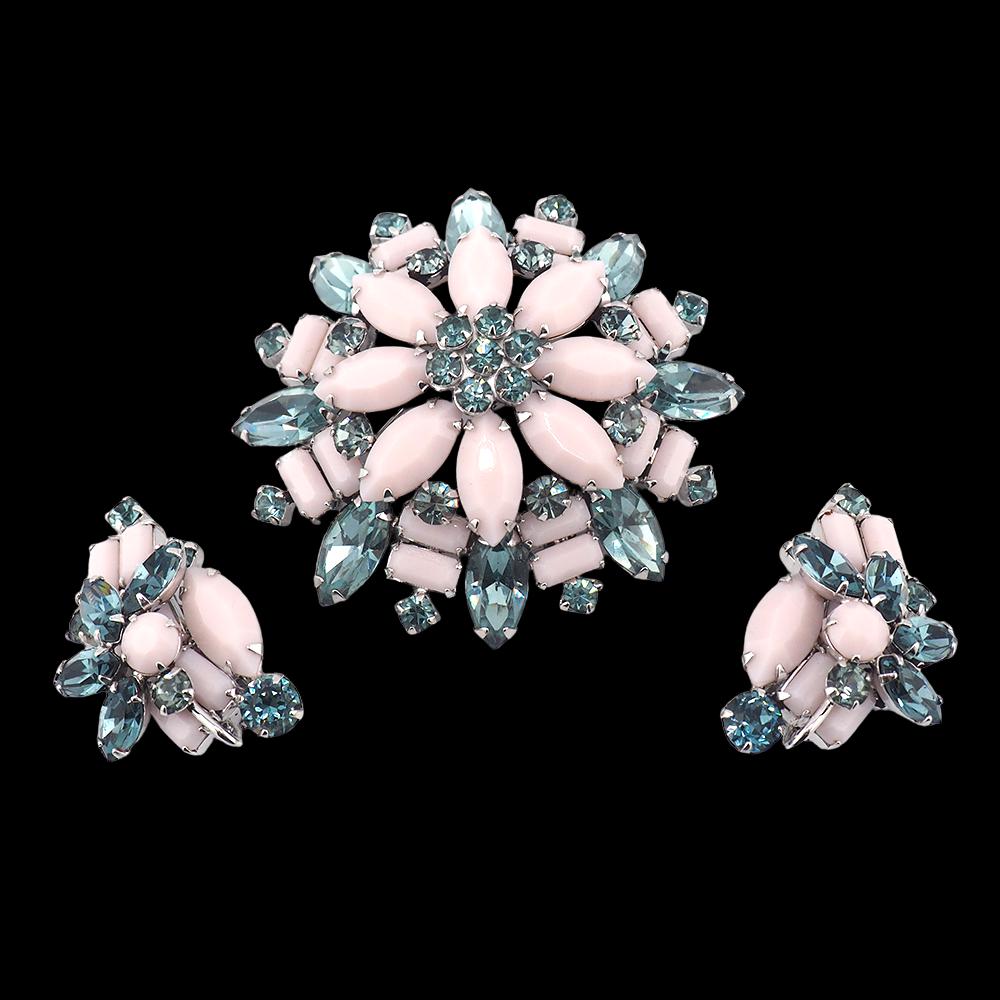 Sherman Brooch Earring Set, Sherman Opaque, Vintage Sherman Jewelry, 1950s Floral Brooch Set, Rare Sherman Colors, Sherman Set, Sherman Pink