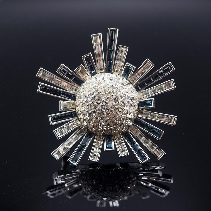 Starburst Brooch, Designer Brooch, High End Brooch, Vintage Brooch, Blue Rhinestone Brooch, Atomic Brooch, Mid Century Brooch