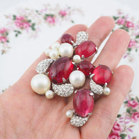Vintage Marvella Brooch And Earrings, Faux Ruby Cabochon Set, Faux Pearl Brooch, Rhinestone Brooch, Rare Marvella Jewelry, Rare Marvella