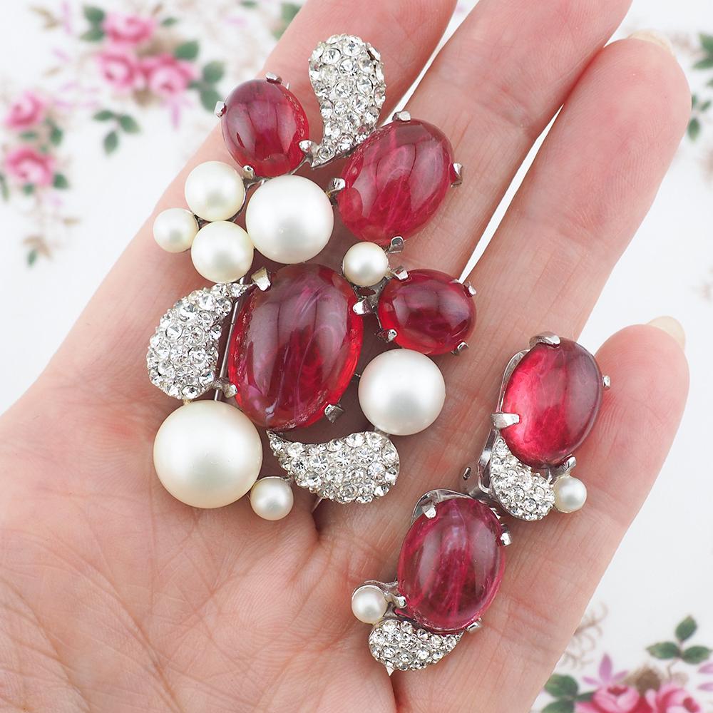Vintage Marvella Brooch And Earrings, Faux Ruby Cabochon Set, Faux Pearl Brooch, Rhinestone Brooch, Rare Marvella Jewelry, Rare Marvella