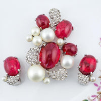 Vintage Marvella Brooch And Earrings, Faux Ruby Cabochon Set, Faux Pearl Brooch, Rhinestone Brooch, Rare Marvella Jewelry, Rare Marvella