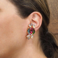 Vintage Clip Earrings, Watermelon Earrings, Rhinestone Earrings, Climber Earrings, Specialty Stone Earrings, Statement Earrings