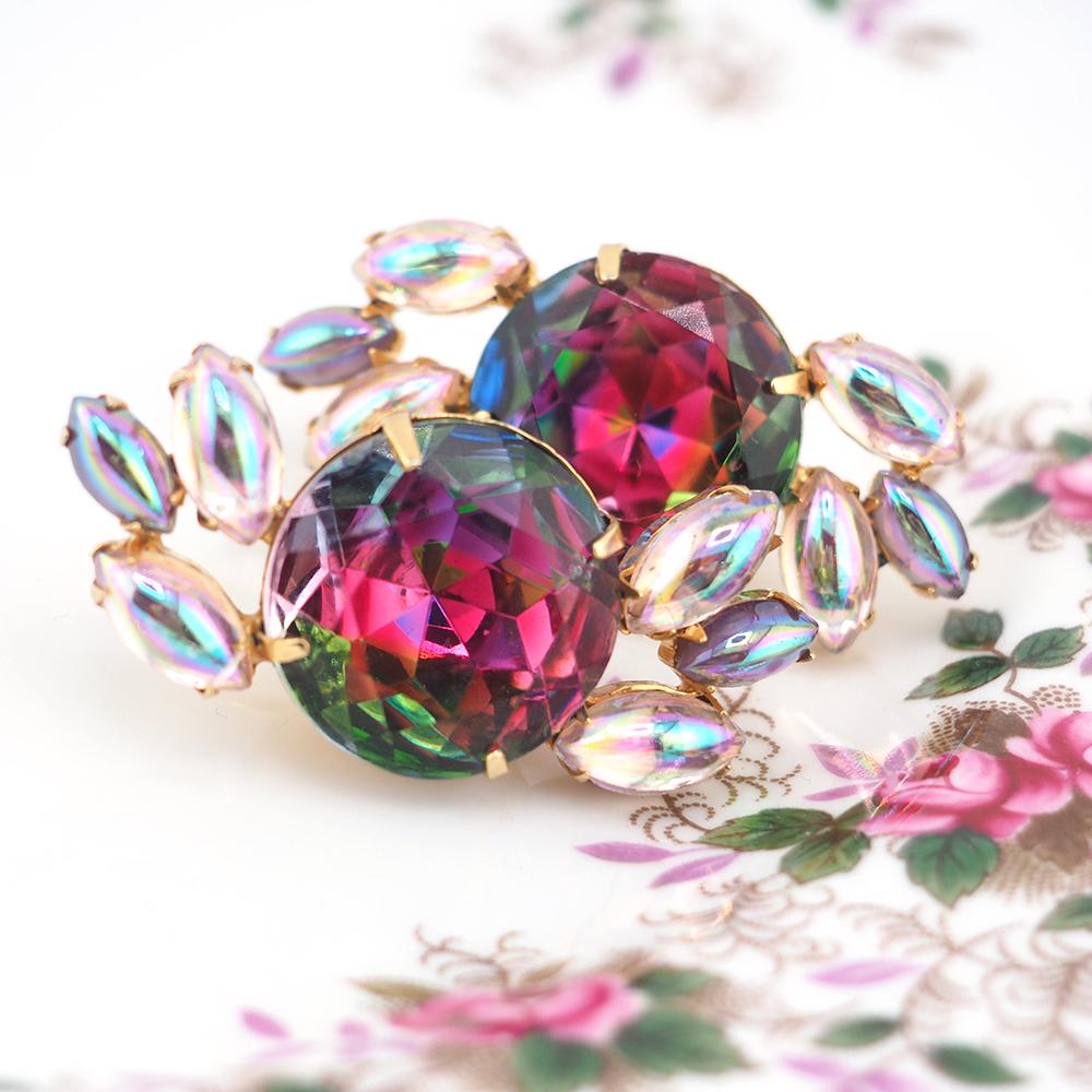 Vintage Clip Earrings, Watermelon Earrings, Rhinestone Earrings, Climber Earrings, Specialty Stone Earrings, Statement Earrings