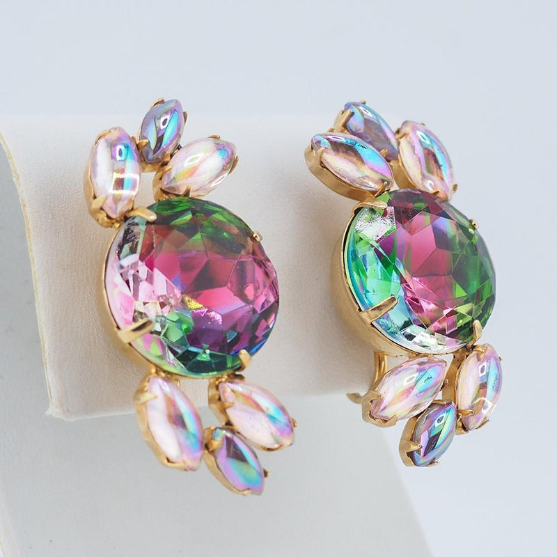 Vintage Clip Earrings, Watermelon Earrings, Rhinestone Earrings, Climber Earrings, Specialty Stone Earrings, Statement Earrings