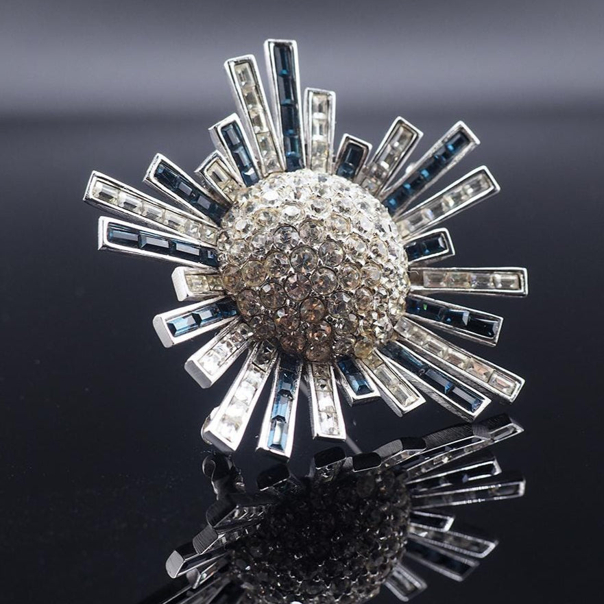 Starburst Brooch, Designer Brooch, High End Brooch, Vintage Brooch, Blue Rhinestone Brooch, Atomic Brooch, Mid Century Brooch