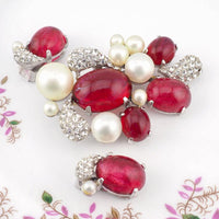 Vintage Marvella Brooch And Earrings, Faux Ruby Cabochon Set, Faux Pearl Brooch, Rhinestone Brooch, Rare Marvella Jewelry, Rare Marvella