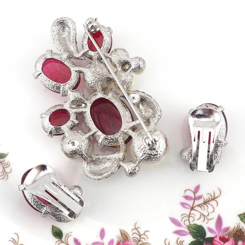Vintage Marvella Brooch And Earrings, Faux Ruby Cabochon Set, Faux Pearl Brooch, Rhinestone Brooch, Rare Marvella Jewelry, Rare Marvella