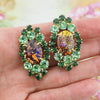 Juliana Earrings, Vintage Rhinestone Earrings, Juliana Cat Eye, Clip On Earrings, UV Reactive Stones, Art Glass Earrings, 1960s Earrings
