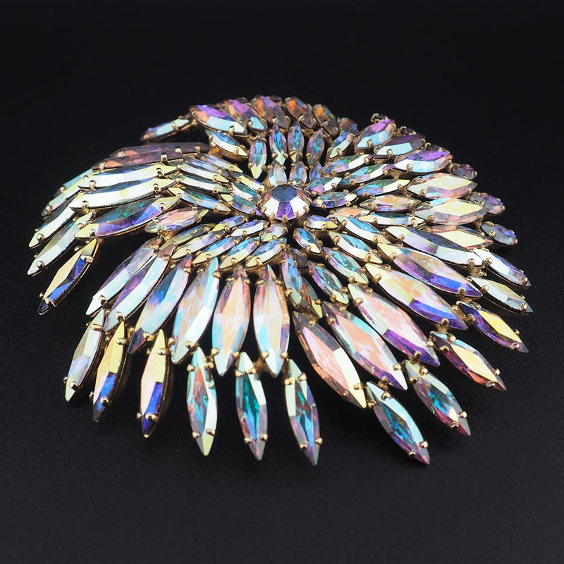 HUGE Sherman Firework Brooch, Aurora Borealis Brooch, Sherman Pin, Vintage Sherman Jewelry, Navette Brooch, Gold-Tone Statement Brooch