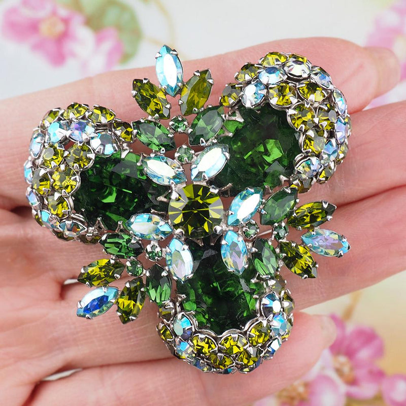 Rare Sherman Green Rhinestone Brooch, Emerald Green Sherman Brooch, Vintage Sherman Pin, Silver Tone Brooch, Sherman Jewelry, Rare Sherman