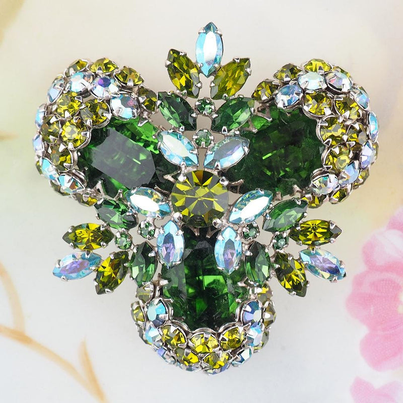 Rare Sherman Green Rhinestone Brooch, Emerald Green Sherman Brooch, Vintage Sherman Pin, Silver Tone Brooch, Sherman Jewelry, Rare Sherman