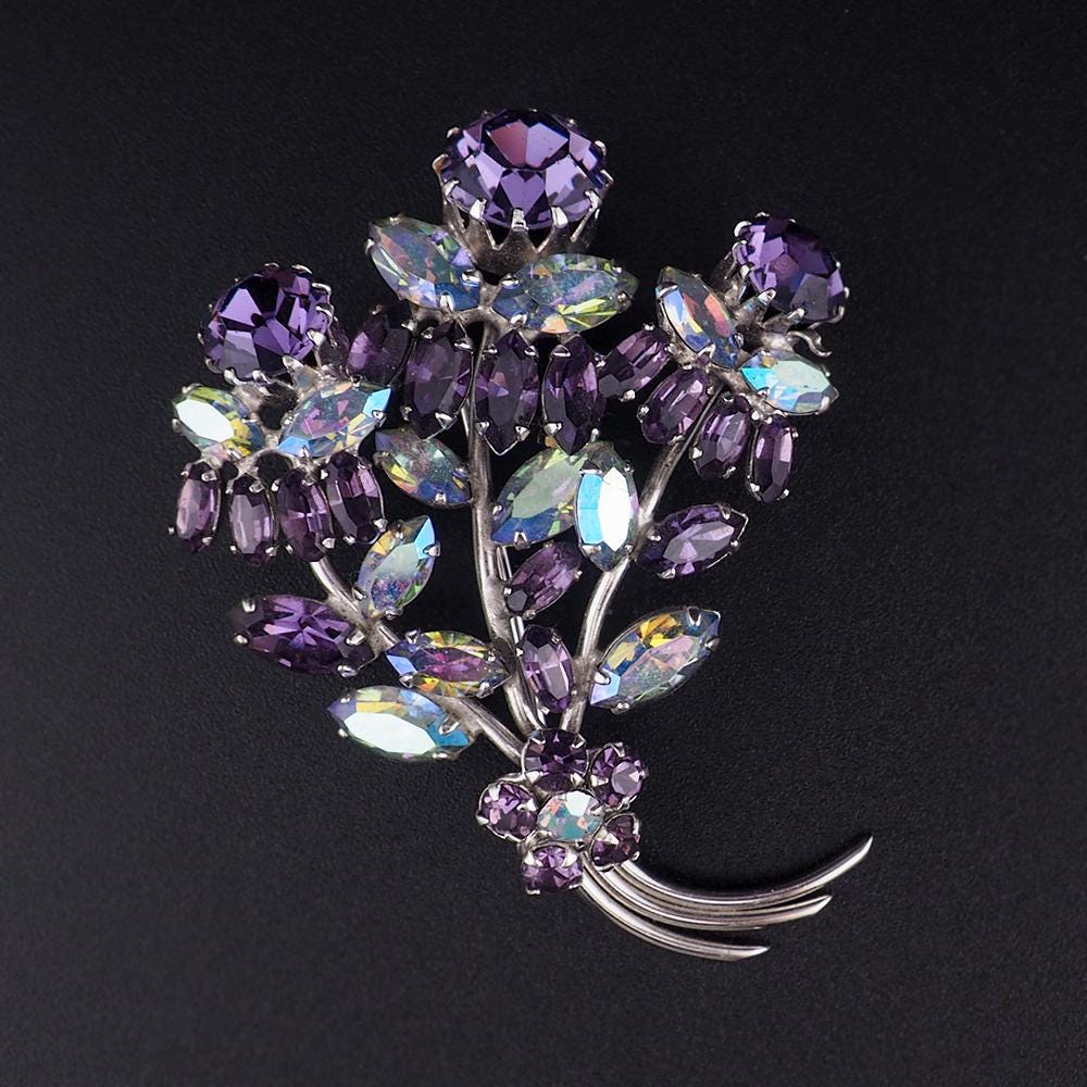 Sherman Purple Brooch, Sherman Flower Brooch, Vintage Sherman Pin, Purple Rhinestone Brooch, Silver Tone Brooch, Vintage Floral Brooch