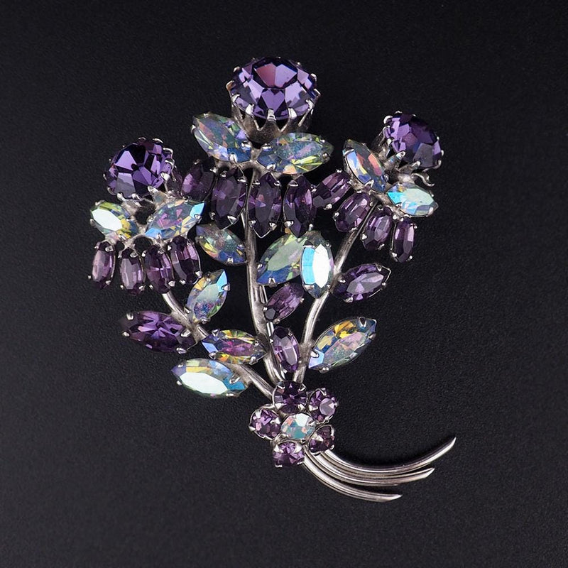 Sherman Purple Brooch, Sherman Flower Brooch, Vintage Sherman Pin, Purple Rhinestone Brooch, Silver Tone Brooch, Vintage Floral Brooch