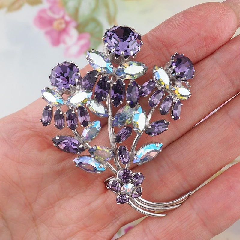 Sherman Purple Brooch, Sherman Flower Brooch, Vintage Sherman Pin, Purple Rhinestone Brooch, Silver Tone Brooch, Vintage Floral Brooch