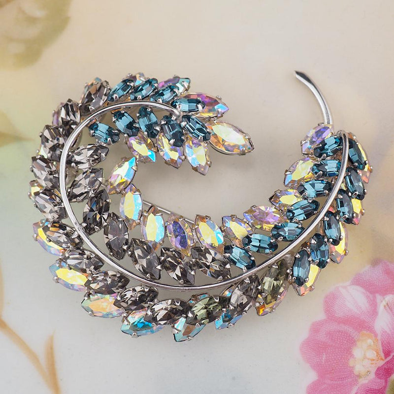 Sherman Leaf Brooch, Vintage Rhinestone Brooch, Aurora Borealis Brooch, Vintage Sherman Pin, Silver Tone Brooch, Collectible Sherman Jewelry