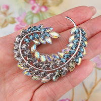 Sherman Leaf Brooch, Vintage Rhinestone Brooch, Aurora Borealis Brooch, Vintage Sherman Pin, Silver Tone Brooch, Collectible Sherman Jewelry