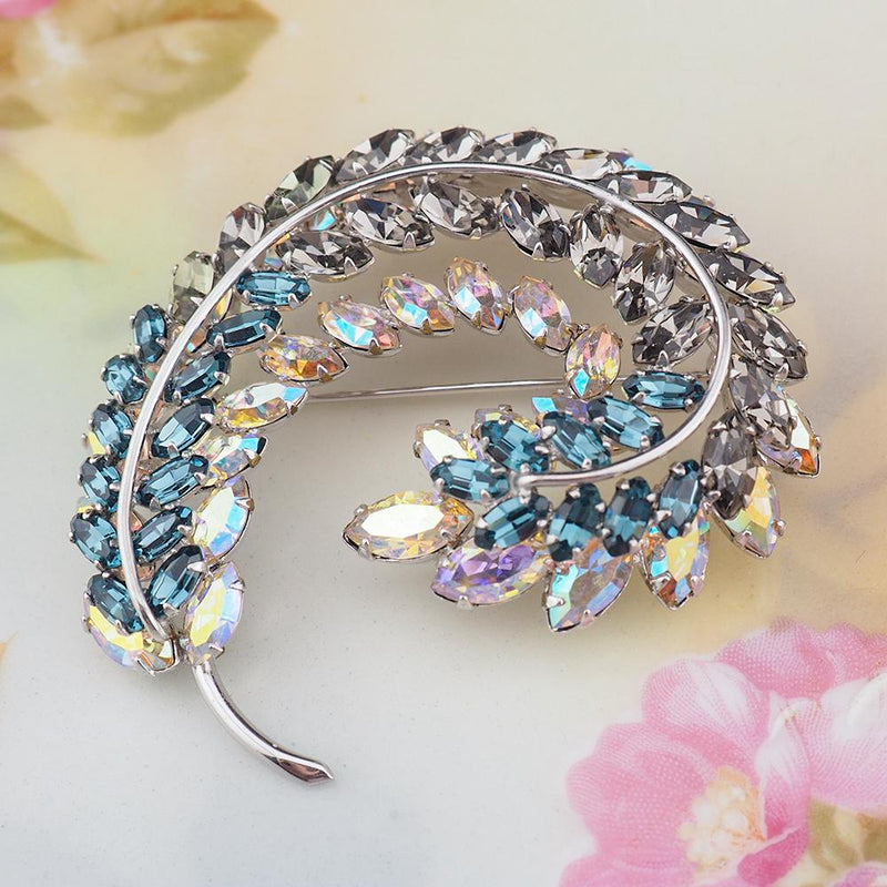 Sherman Leaf Brooch, Vintage Rhinestone Brooch, Aurora Borealis Brooch, Vintage Sherman Pin, Silver Tone Brooch, Collectible Sherman Jewelry