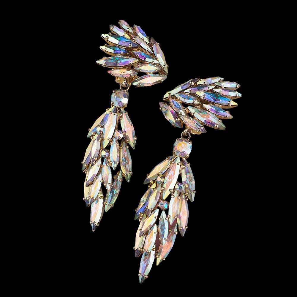 Vintage Sherman Earrings, Aurora Borealis Earrings, Clip On Earrings, Long Sherman Drop Earrings, Gold Tone Earrings, Statement Earrings