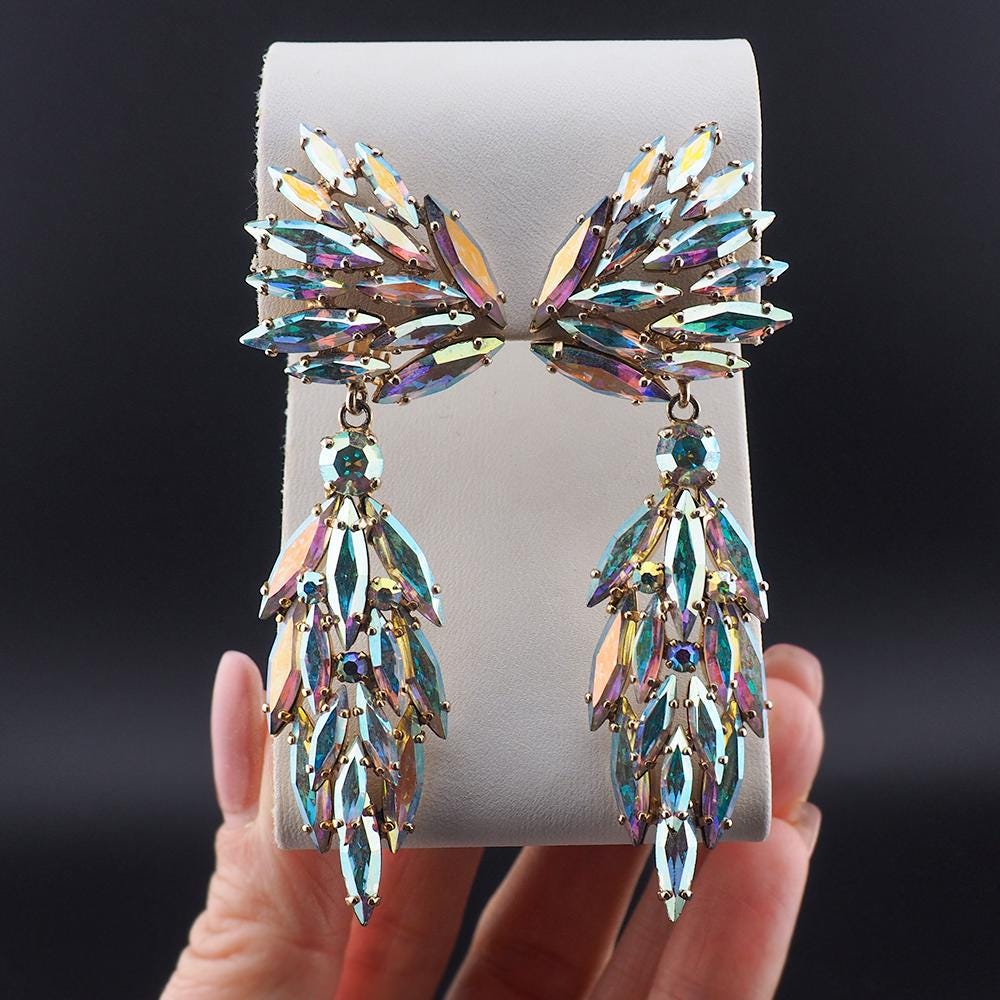 Vintage Sherman Earrings, Aurora Borealis Earrings, Clip On Earrings, Long Sherman Drop Earrings, Gold Tone Earrings, Statement Earrings