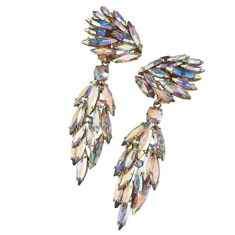 Vintage Sherman Earrings, Aurora Borealis Earrings, Clip On Earrings, Long Sherman Drop Earrings, Gold Tone Earrings, Statement Earrings