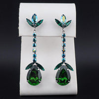 Vintage Sherman Earrings, Clip On Earrings, Long Drop Earrings, Silver Tone, Statement Earrings, Emerald Green Earrings, Bridal Earrings