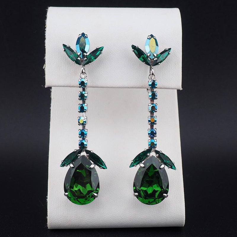 Vintage Sherman Earrings, Clip On Earrings, Long Drop Earrings, Silver Tone, Statement Earrings, Emerald Green Earrings, Bridal Earrings