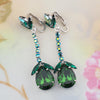 Vintage Sherman Earrings, Clip On Earrings, Long Drop Earrings, Silver Tone, Statement Earrings, Emerald Green Earrings, Bridal Earrings