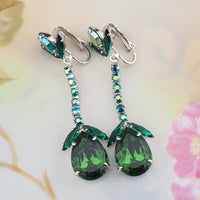 Vintage Sherman Earrings, Clip On Earrings, Long Drop Earrings, Silver Tone, Statement Earrings, Emerald Green Earrings, Bridal Earrings