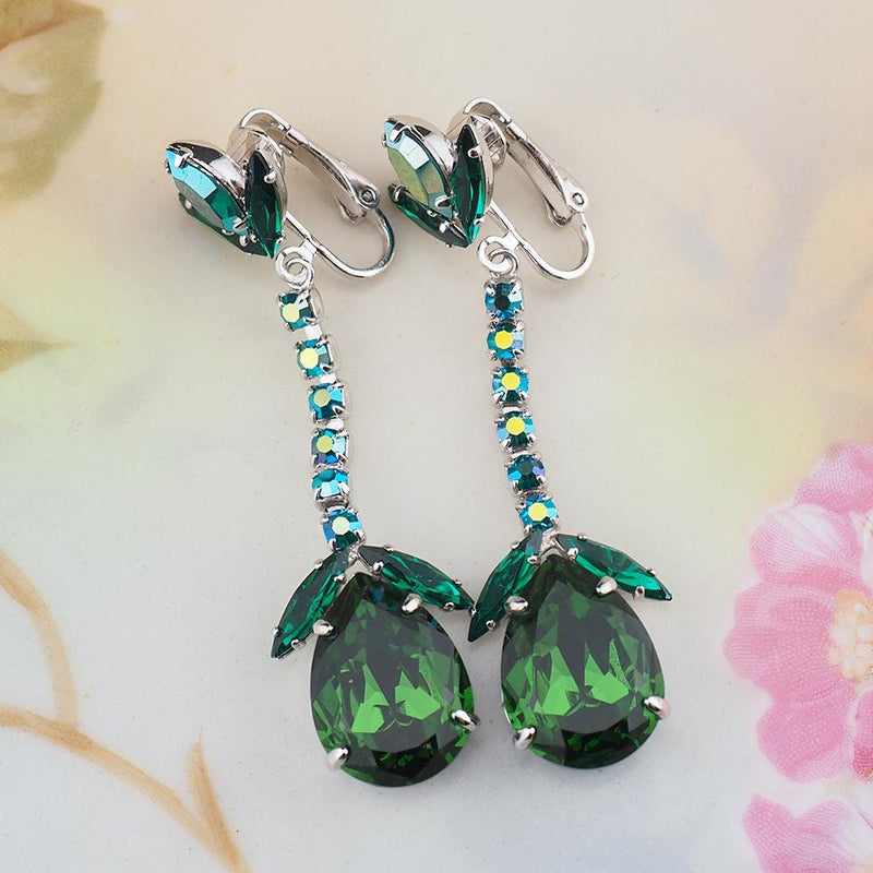 Vintage Sherman Earrings, Clip On Earrings, Long Drop Earrings, Silver Tone, Statement Earrings, Emerald Green Earrings, Bridal Earrings
