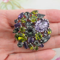 Vintage Sherman Brooch, Purple Green Brooch, Round Brooch, Rhinestone Brooch, Purple Rhinestone Brooch, Silver Tone Brooch, Sherman Pin