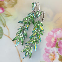 Vintage Sherman Earrings, Uranium Glass Earrings, Clip On Earrings, Long Earrings, Statement Earrings, Green Rhinestone Earrings, Glowing