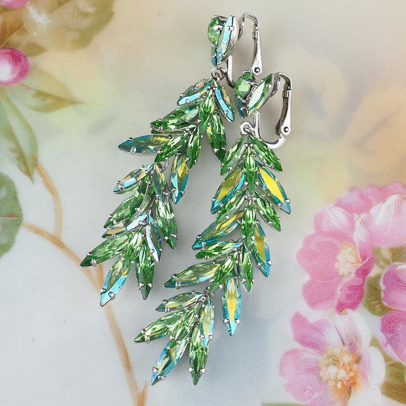 Vintage Sherman Earrings, Uranium Glass Earrings, Clip On Earrings, Long Earrings, Statement Earrings, Green Rhinestone Earrings, Glowing