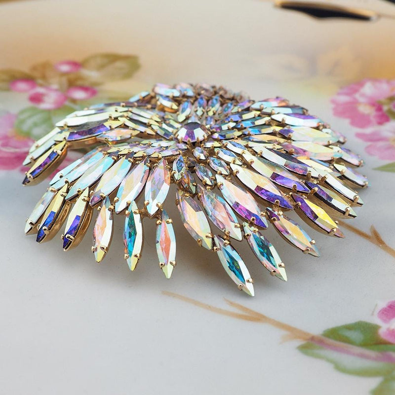 HUGE Sherman Firework Brooch, Aurora Borealis Brooch, Sherman Pin, Vintage Sherman Jewelry, Navette Brooch, Gold-Tone Statement Brooch