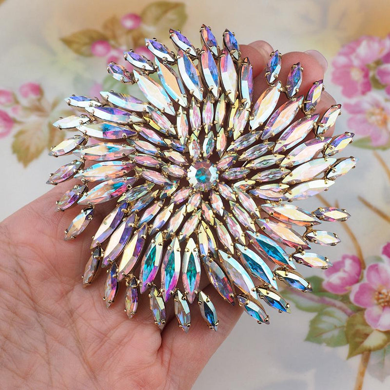 HUGE Sherman Firework Brooch, Aurora Borealis Brooch, Sherman Pin, Vintage Sherman Jewelry, Navette Brooch, Gold-Tone Statement Brooch